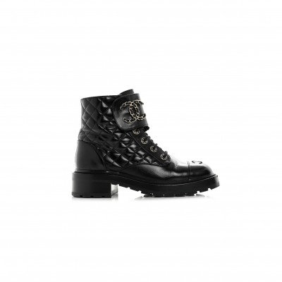 CHANEL SHINY CALFSKIN QUILTED LACE UP COMBAT BOOTS 